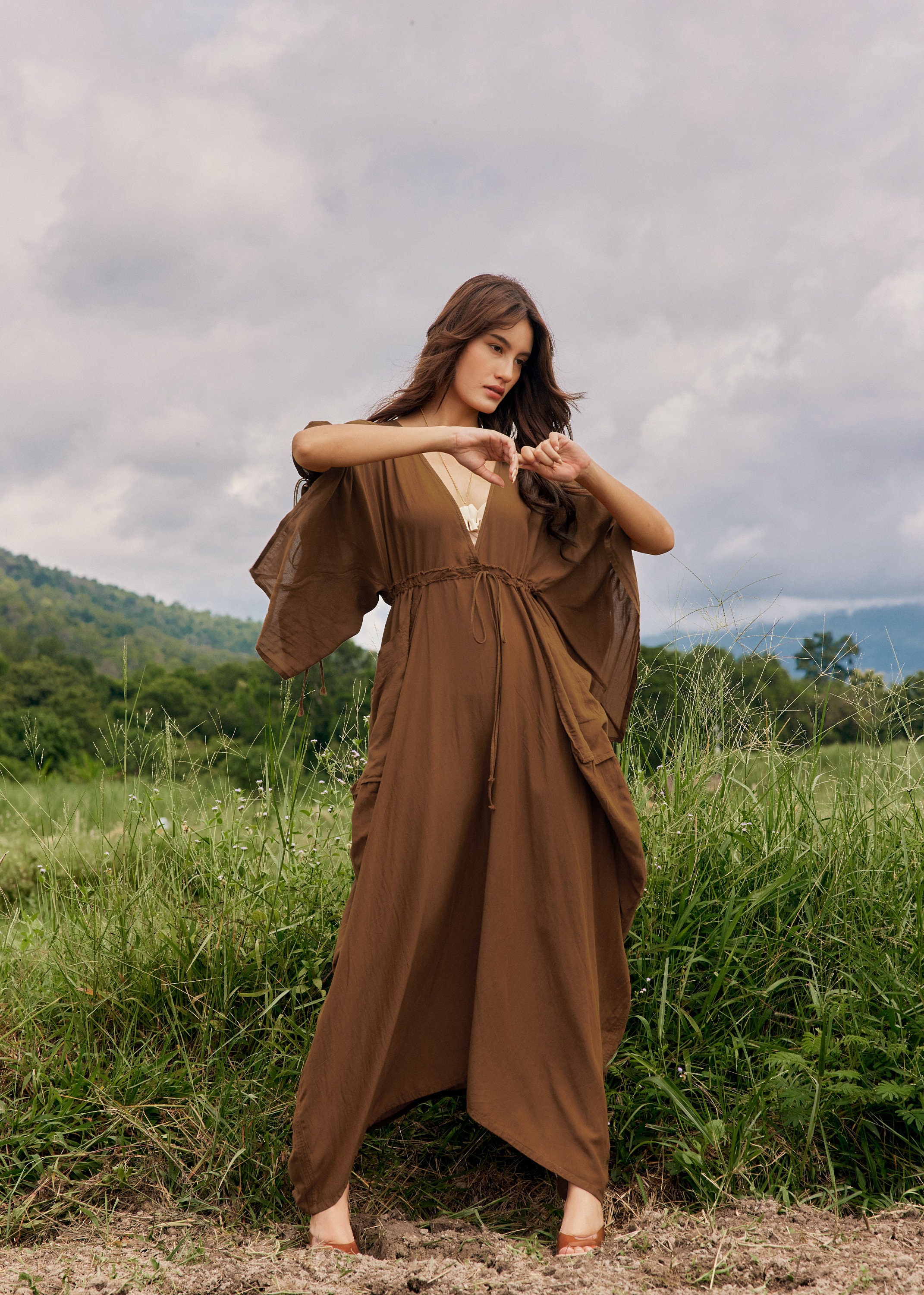 chinese dress ladies Mocha V-Neck Maxi Dress With Long Sleeve And Slit main image 1