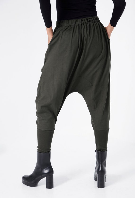 NO.64 Women's Button Front Detail Drop Crotch Harem Pants, Low