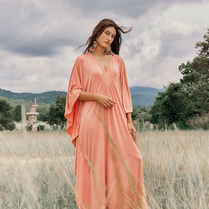 NO.281 Women’s V Neck Kaftan Dress, Long Length Caftan, Plus Size Kaftan Dress, Beach Wear, Caftan Gown in Pink Old Rose