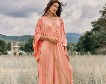 NO.281 Women’s V Neck Kaftan Dress, Long Length Caftan, Plus Size Kaftan Dress, Beach Wear, Caftan Gown in Pink Old Rose