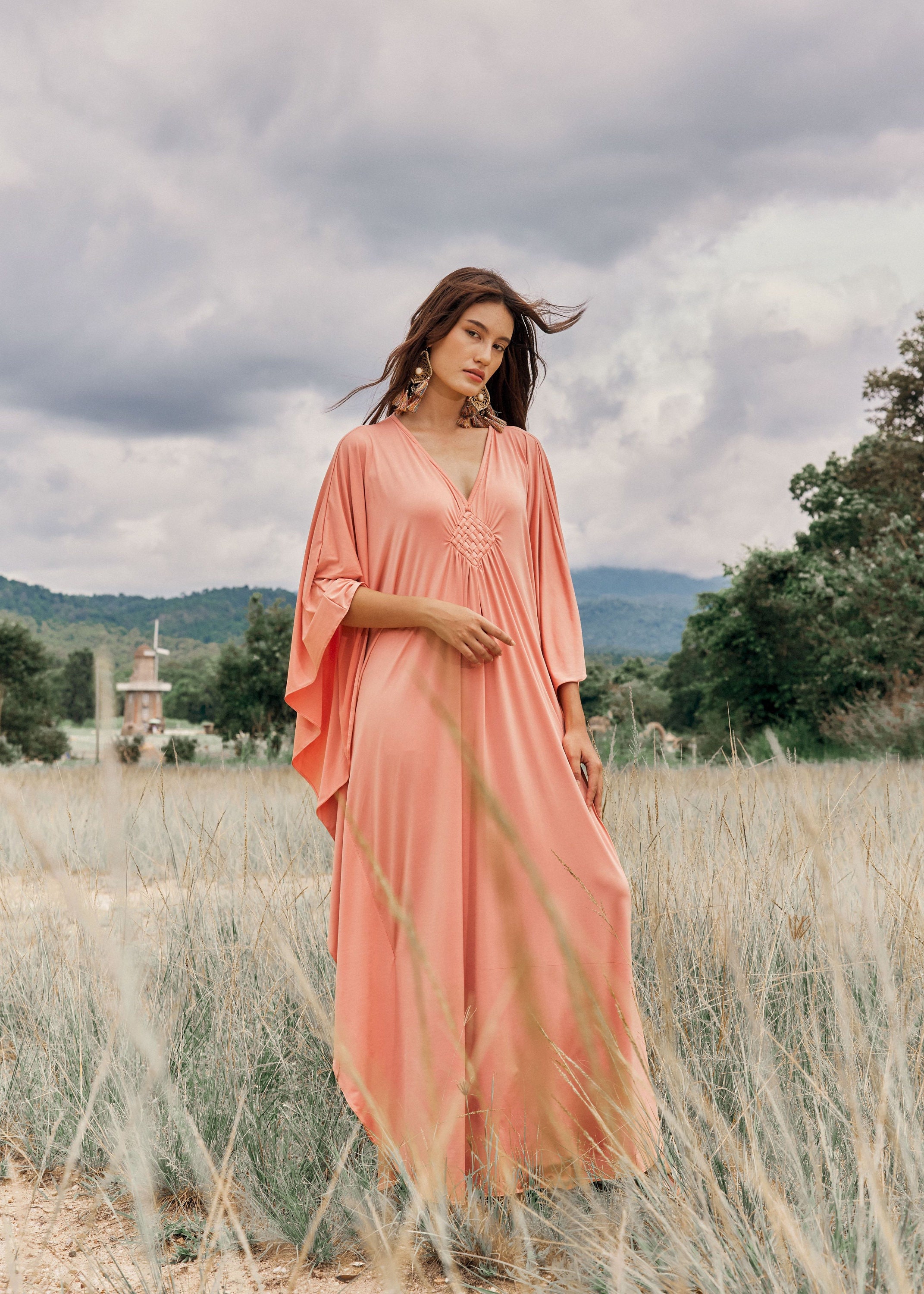 AIEOE Women's Kaftan Dress Solid Color Boho Long Maxi Dress Deep V Neck - View #3