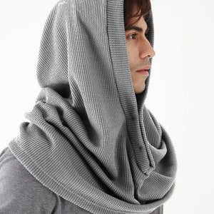 NO.97 Men&#39;s Hoodie Scarf, Hooded Cowl Buttons, Hooded Neck Warmer, Unisex Hoody Scarf in Light Gray