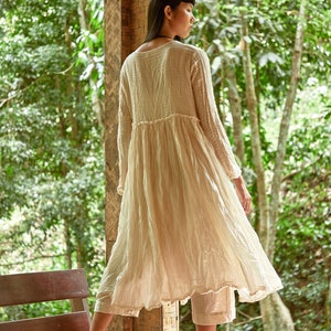 NO.251 Long Sleeve Wrap Dress, Casual Summer Dress, Natural Fiber Flexible Cotton Long Cardigan in Cream image 10