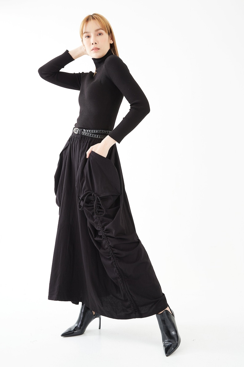 NO.123 Women's Large Patch Pocket Maxi Skirt, Long Maxi Skirt With Pockets, Comfy Casual Convertible Skirt in Black image 1