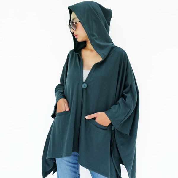 NO.163 Women's Button Front Hooded Poncho, Comfy Versatile Cape in Teal