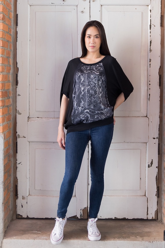 NO.245 Women's Printed Front Panel Cocoon T Shirt in Black - Etsy