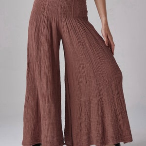 NO.290 Women's Smocked Waist Wide Leg Pants, Natural Fiber Flexible Casual Yoga Pants in Brownish Pink image 3