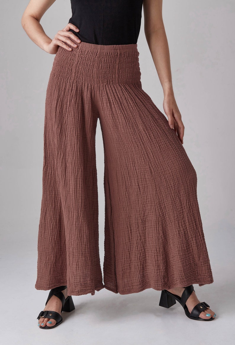 NO.290 Women's Smocked Waist Wide Leg Pants, Natural Fiber Flexible Casual Yoga Pants in Brownish Pink image 3