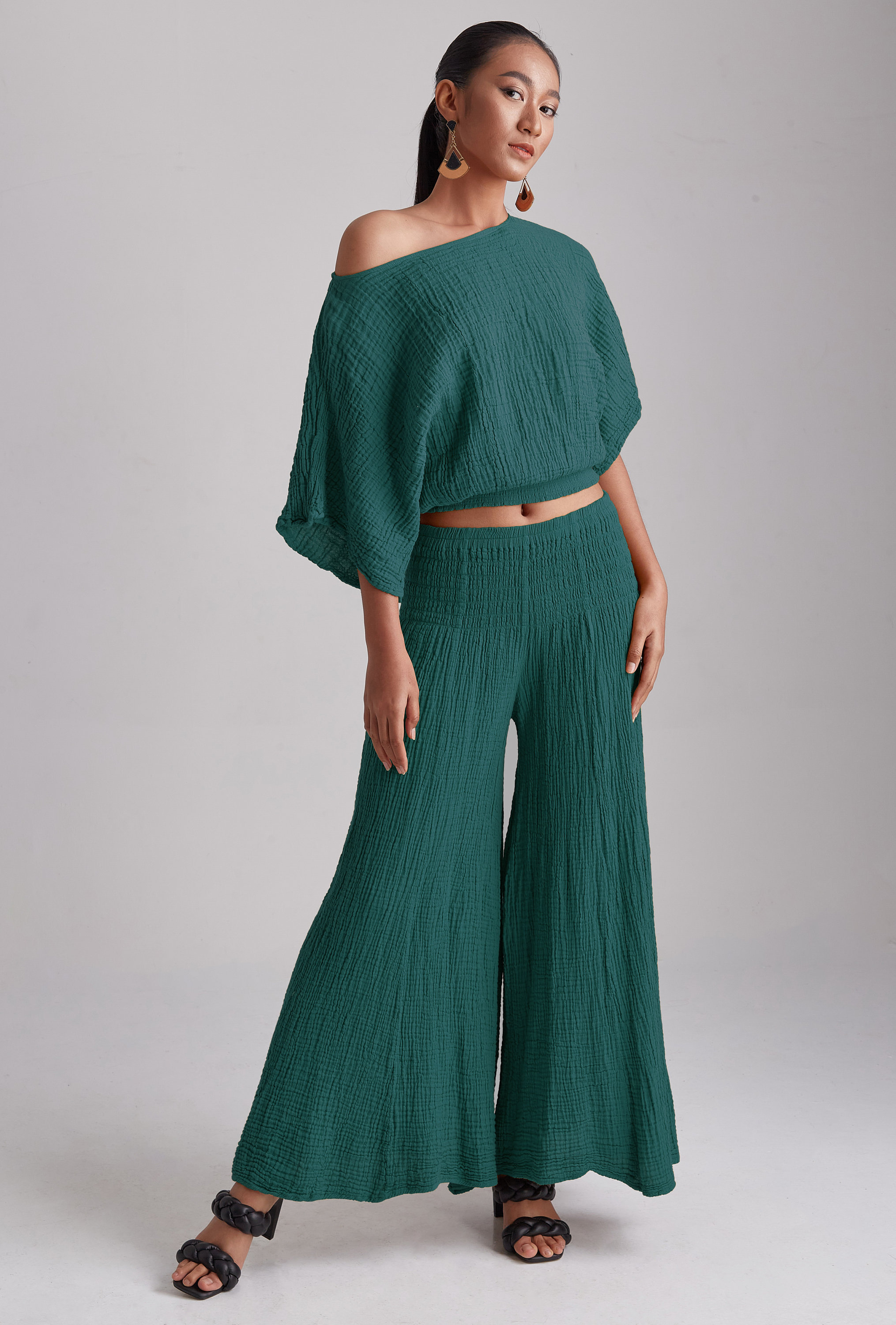 Teal Green Cotton Wide Leg Pants: Smocked Waist Yoga Casual