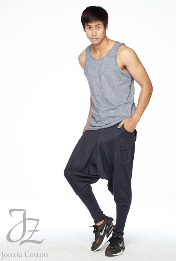 NO.95 Men's Unique Pockets Harem Pants, Trendy Drop Crotch Joggers, Casual Pull-On Sweatpants, Unisex Pants in Blue