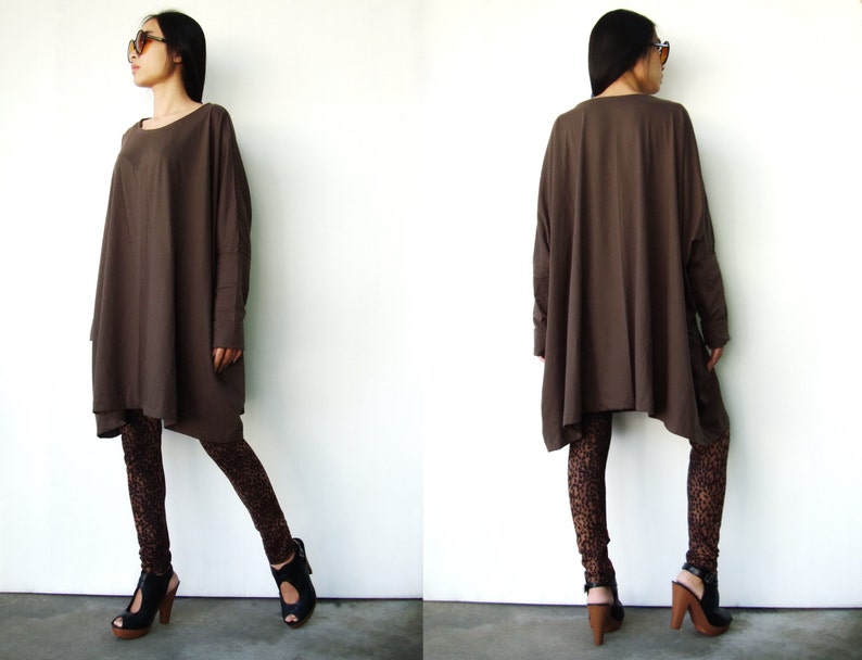 NO.62 Women's Scoop Neck Long Sleeve Tunic Top, Loose Fit Tshirt in Brown image 4