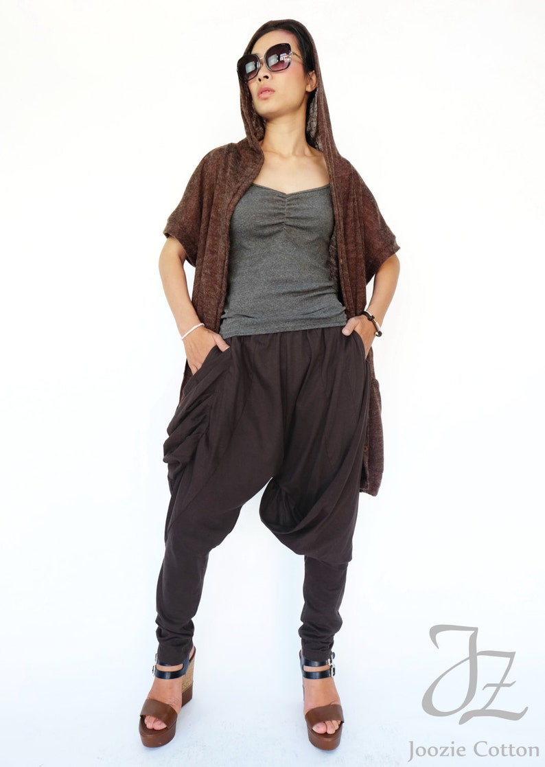 No 193 Brown Cotton Jersey Draped Harem Pants Casual Drop Etsy