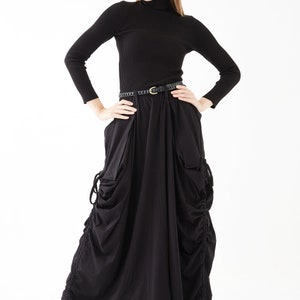 NO.123 Women's Large Patch Pocket Maxi Skirt, Long Maxi Skirt With Pockets, Comfy Casual Convertible Skirt in Black image 2