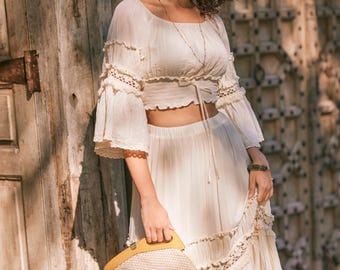 NEW---NO.323-1 Women's Boat Neck 3/4 Sleeve Lace Insert Crop Top, Cropped Off-Shoulder Top, Off The Shoulder Boho Blouse
