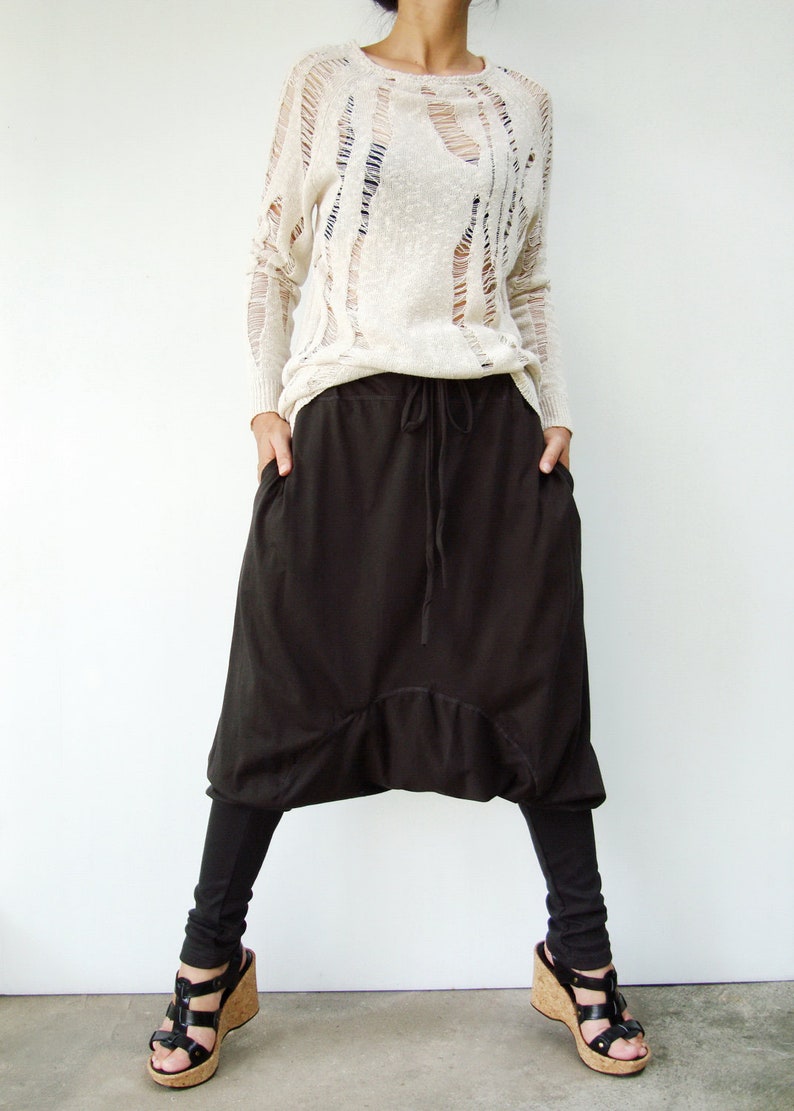 NO.58 Women's Drawstring Waist Low Crotch Harem Pants, Loose Harem Trousers, Unisex Pants in Charcoal image 2