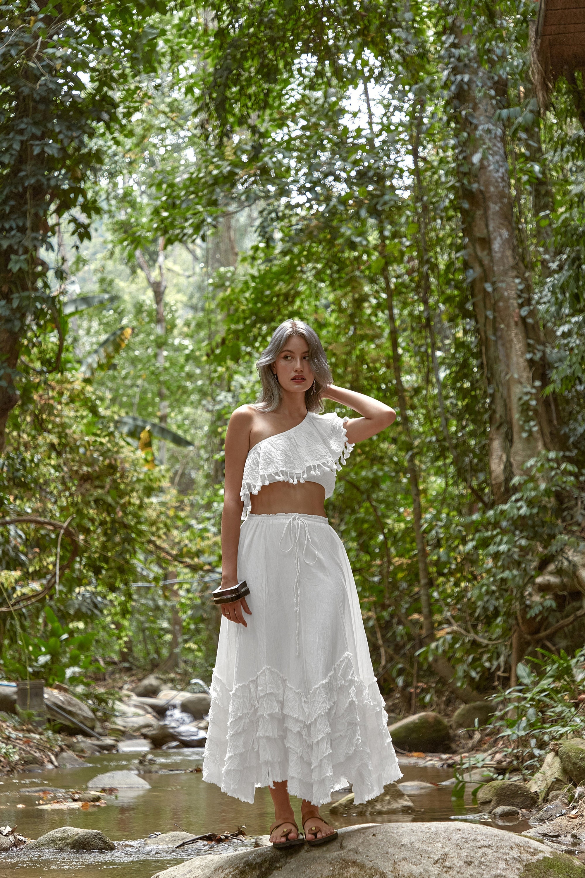 NO.304 Women's Asymmetrical Ruffle Hem Skirt, Cotton A-line Skirt