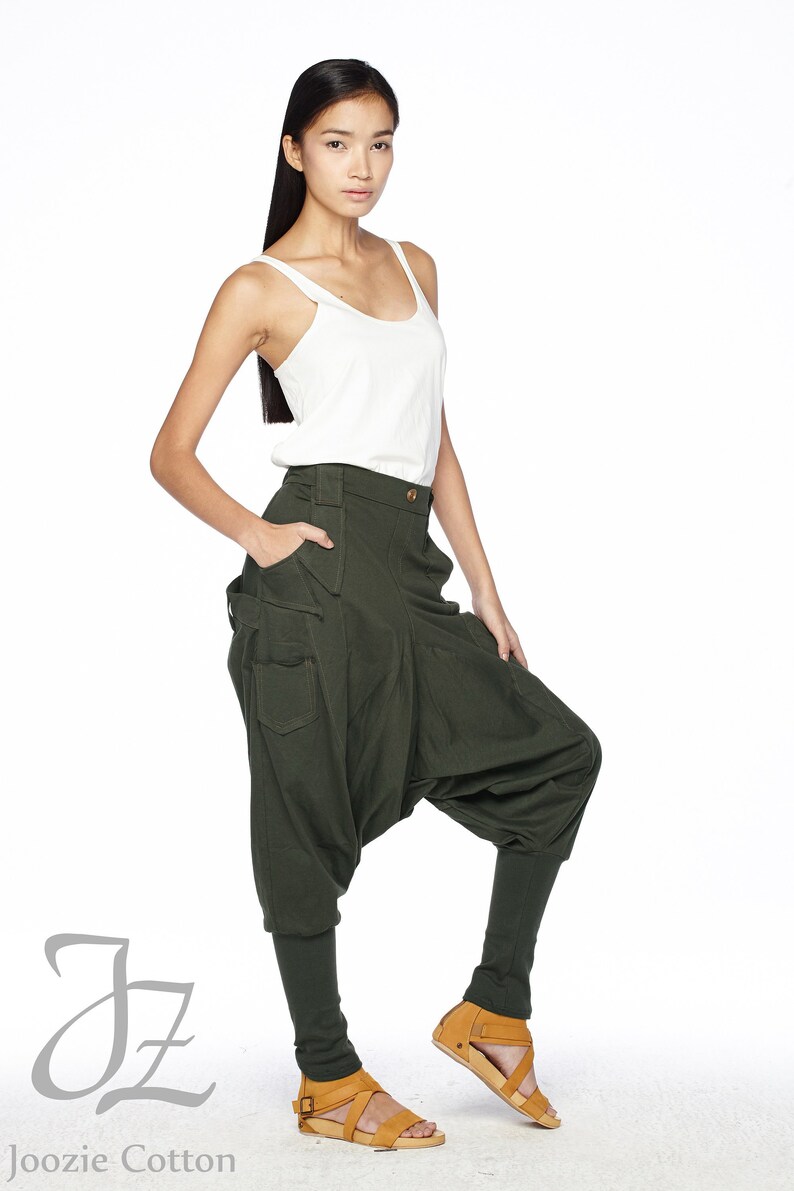Unisex Pants NO.95 Dark Olive Cotton Jersey Casual Harem Pants Women Unique Pockets Drop-Crotch Pants