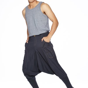 NO.95 Men's Unique Pockets Harem Pants, Trendy Drop Crotch Joggers, Casual Pull-On Sweatpants, Unisex Pants in Blue image 3
