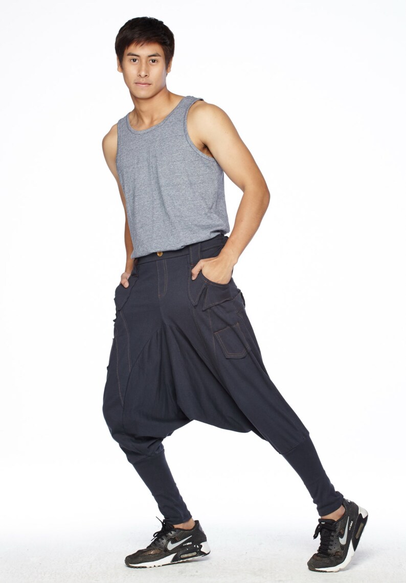 NO.95 Men's Unique Pockets Harem Pants, Trendy Drop Crotch Joggers, Casual Pull-On Sweatpants, Unisex Pants in Blue image 3
