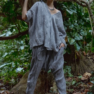 NO.276 Women's V Neck Kaftan Top, Loose Casual Summer Top, Natural Fiber Flexible Cotton Beachwear Caftan in Gray image 6