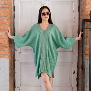 NO.238 Women's Three Quarter Sleeve Vertical Striped Detail V-Neck Kaftan, Cover Up Caftan, Natural Fiber Flexible Cotton Dress in Mint image 2