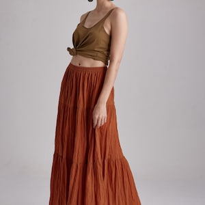 NO.5 Women's Hippie Gypsy Boho Tiered Peasant Long Maxi Skirt in Orange Ochre image 7