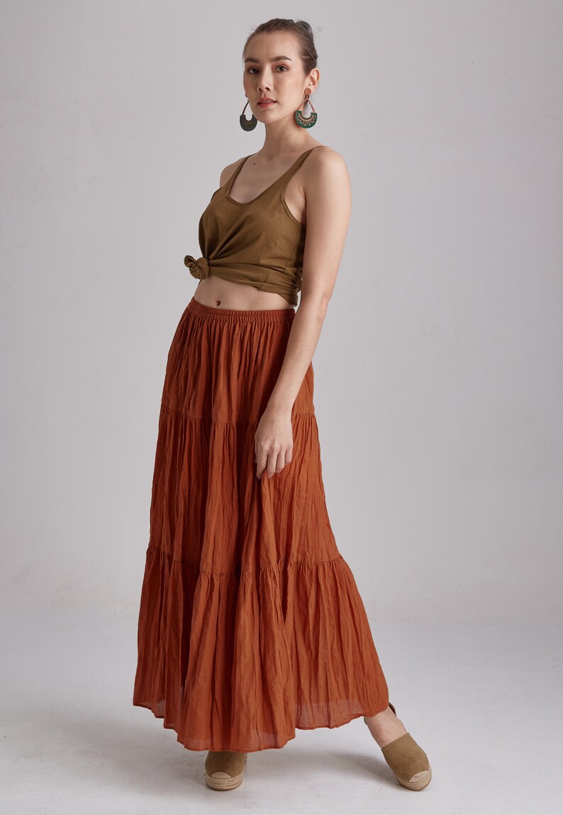 NO.5 Women's Hippie Gypsy Boho Tiered Peasant Long Maxi Skirt in Orange Ochre image 7