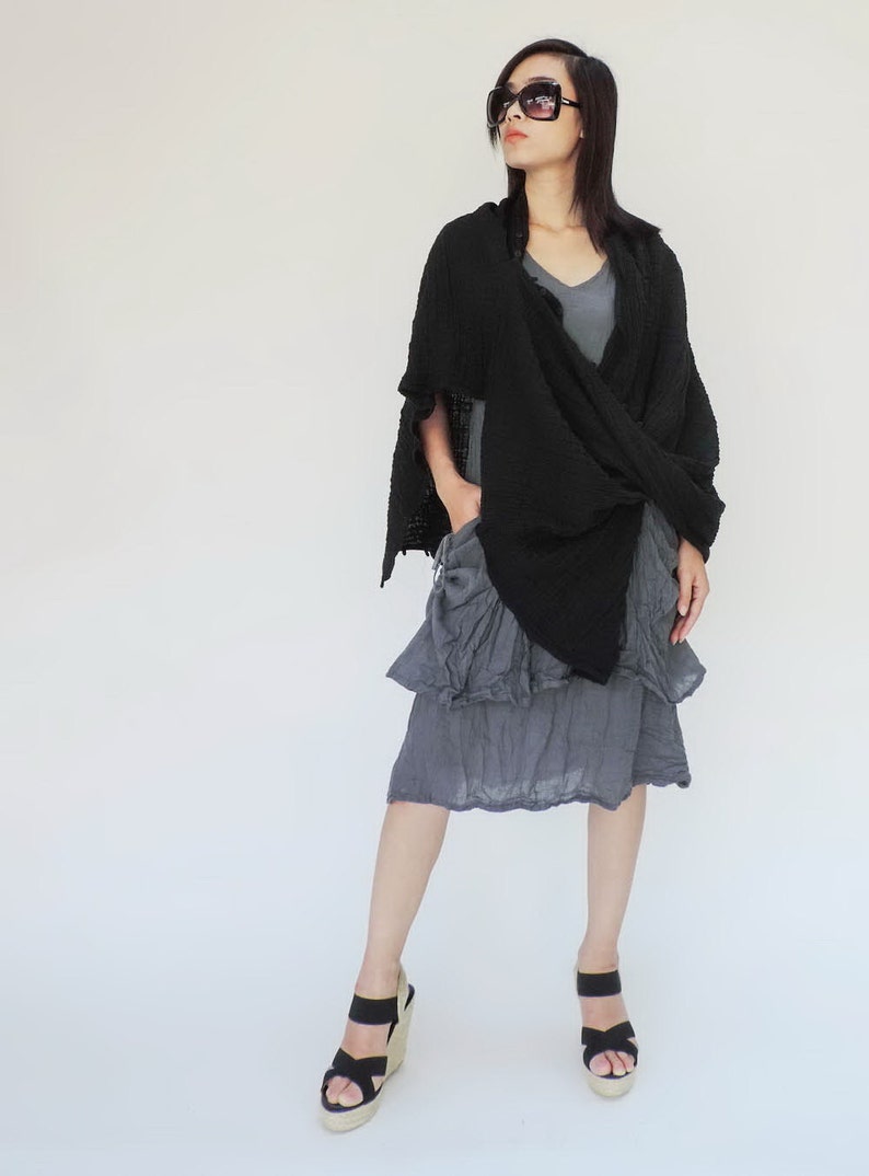 NO.141 Women's Scarves, Shawl With Buttons, Convertible Scarf, Natural Fiber Flexible Cotton Shawl in Black image 4