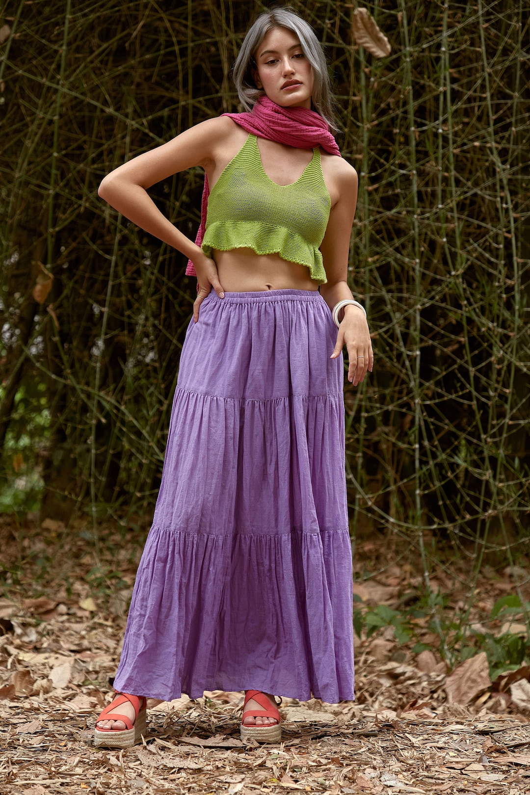 NO.5 Women's Hippie Gypsy Boho Tiered Peasant Long Maxi Skirt in