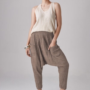 NO.289-1 Women&#39;s Geometric Stitched Pattern Woven Harem Pants, Boho Drop Crotch Pants, Natural Fiber Flexible Cotton Pants in Light Brown