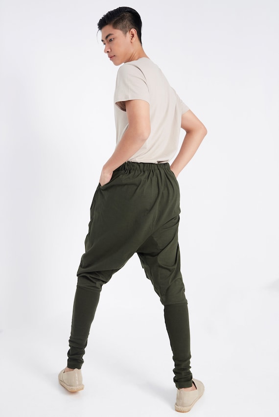NO.64 Men's Button Front Detail Drop Crotch Harem Pants, Low