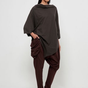 NO.63 Women's Cowl Neck Short Sleeve Top, Minimalist Clothing, Loose Asymmetrical Shirt in Charcoal image 4