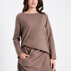 NO.284 Women’s Boat Neck Long Sleeve Front Pocket Dress, Casual Front Slit Dress in Heather Brown