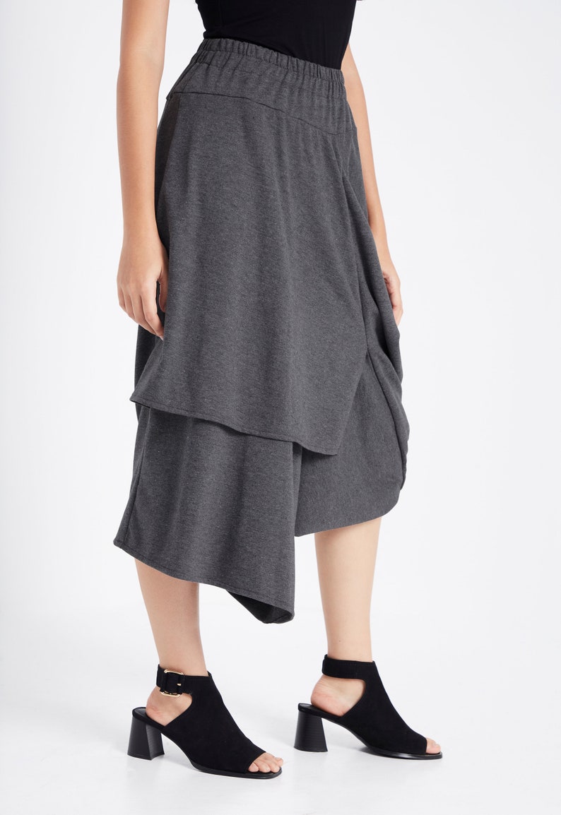 NO.187 Women's Taxidermy Asymmetric Skirt/Pants, Casual Wide Leg Trousers, Cropped Pants/Skirt in Mottled Gray image 6