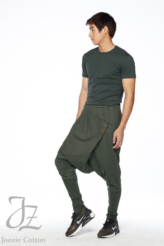 NO.167 Men's Button Detail Drop Crotch Harem Pants, Cross Front