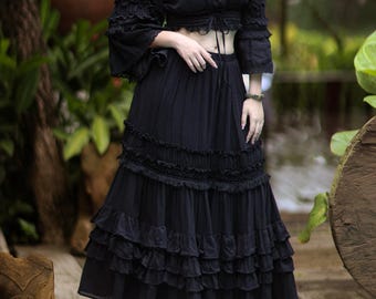NEW---NO.323-2 Women's Lace Insert Ruffle Hem Long Skirt