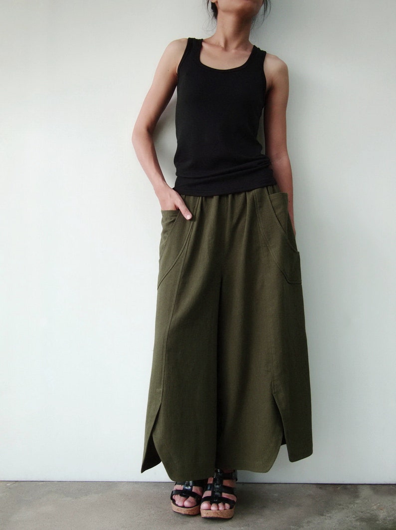 NO.41 Womens Wide Leg Palazzo Pants, Casual Loose Fitting Trousers in Dark Olive image 4