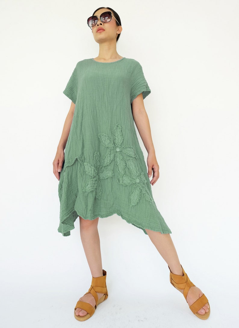NO.200 Women/'s Short Sleeves Floral Appliqu\u00e9 Tunic Dress #Mint