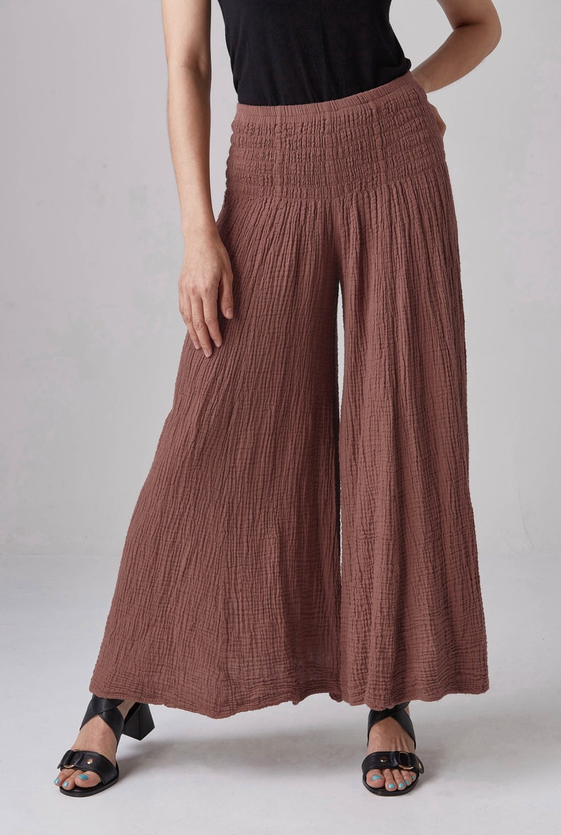 NO.290 Women's Smocked Waist Wide Leg Pants, Natural Fiber Flexible Casual Yoga Pants in Brownish Pink image 2