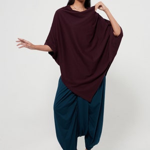 NO.63 Women's Cowl Neck Short Sleeve Top, Minimalist Clothing, Loose Asymmetrical Shirt in Plum image 2