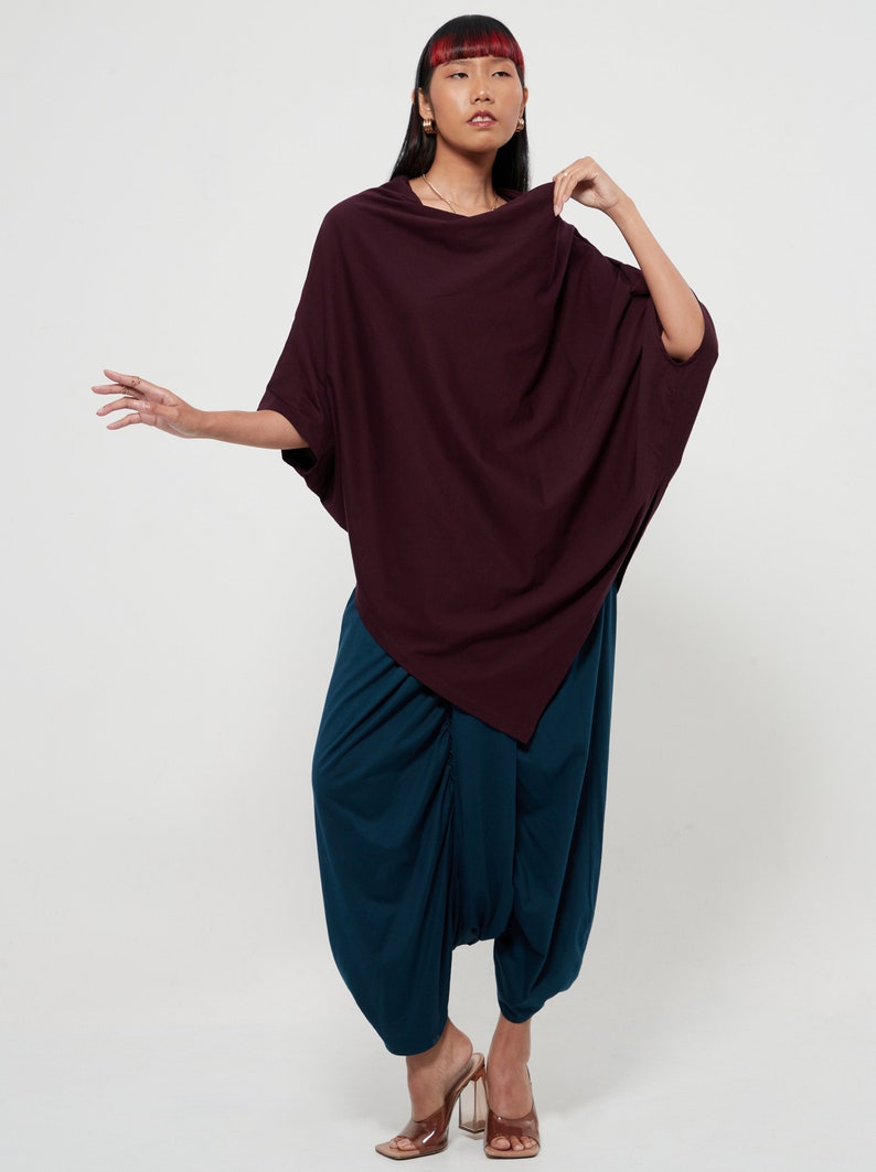 NO.63 Women's Cowl Neck Short Sleeve Top, Minimalist Clothing, Loose Asymmetrical Shirt in Plum image 2