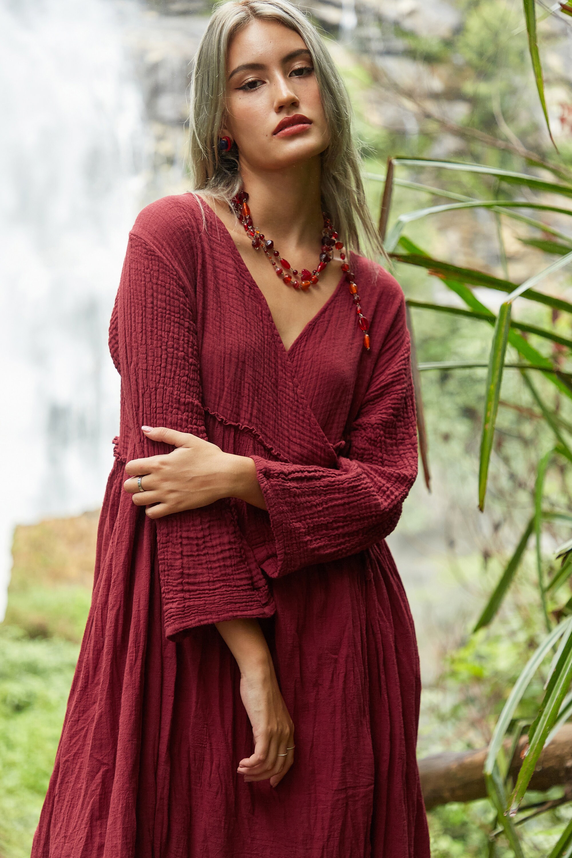 NO.251 Long Sleeve Wrap Dress, Casual Summer Dress, Natural NO.251 Long Sleeve Wrap Dress, Casual Summer Dress, Natural
