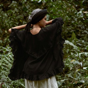 NO.295 Women's Ruffle Trimmed Kaftan Top, Beach Wear Cotton Cover-Up Caftan in Black image 9