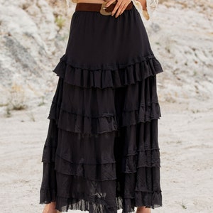 NO.303 Women's Tiered Ruffle Detail Long Skirt, Boho A-line Maxi Skirt, Natural Fiber Flexible Cotton Skirt zdjęcie 6