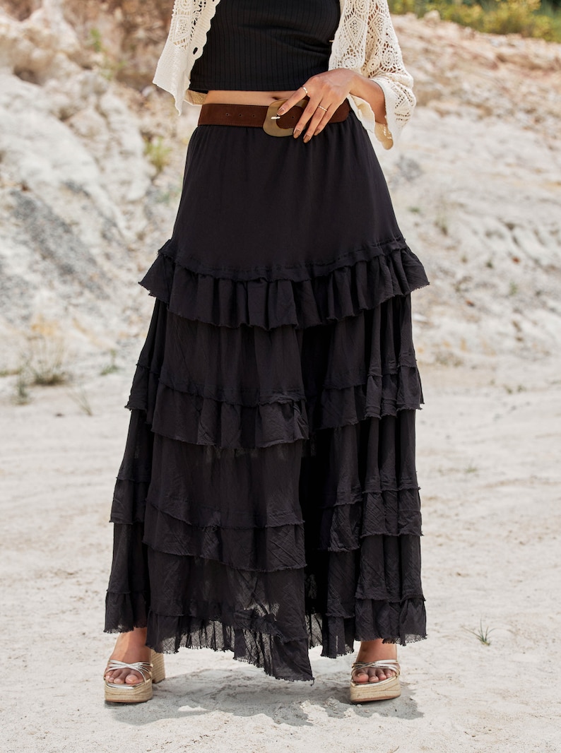 NO.303 Women's Tiered Ruffle Detail Long Skirt, Boho A-line Maxi Skirt, Natural Fiber Flexible Cotton Skirt zdjęcie 6