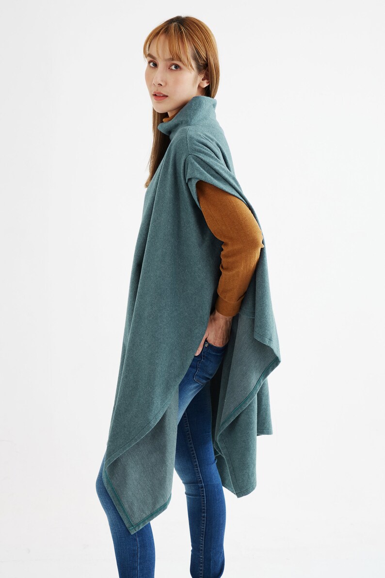 NO.279 Womens Stand Collar Poncho Sweater, Extravagant Asymmetric Poncho Fall Winter, Poncho in Heather Teal image 6