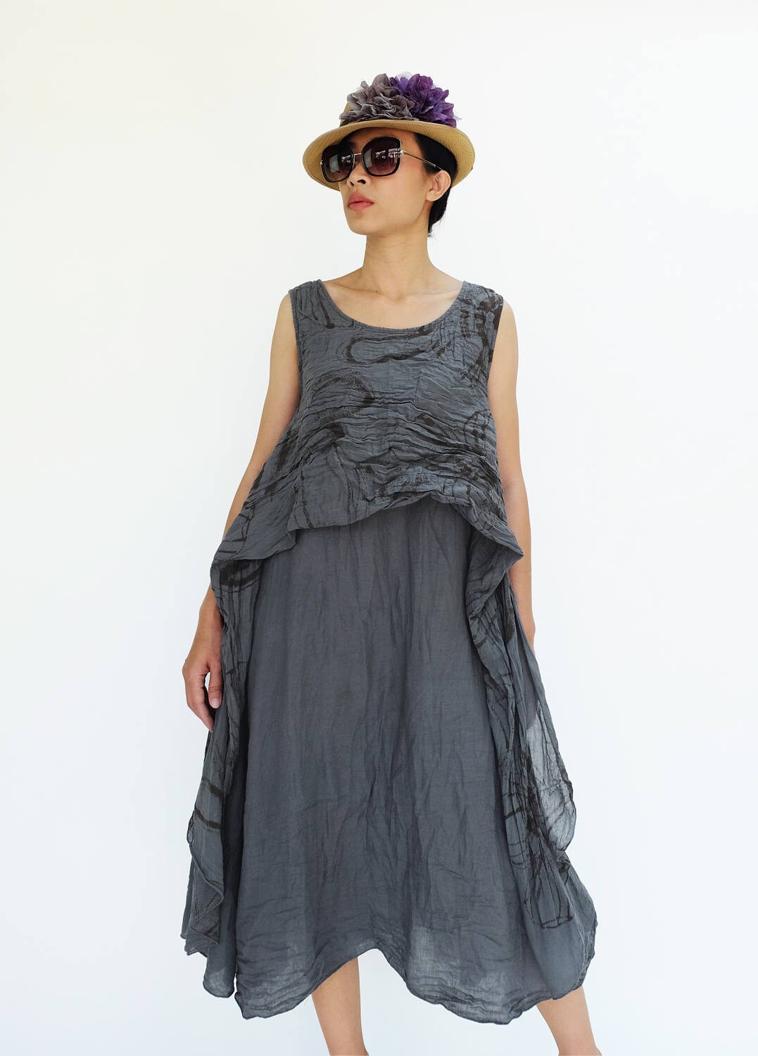 NO.213 Bluish Gray Cotton Gauze Sleeveless Tunic Dress Floral Etsy