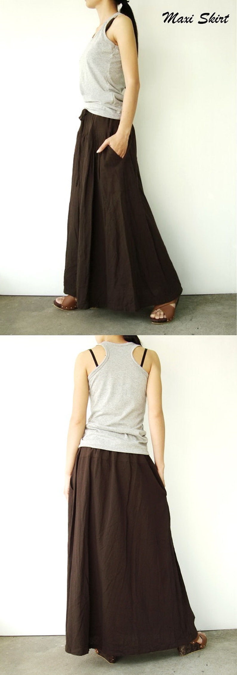 NO.34 Women's Pleated Front Long Maxi Skirt, Comfy Casual Convertible Skirt, A-Line Skirt in Brown image 5