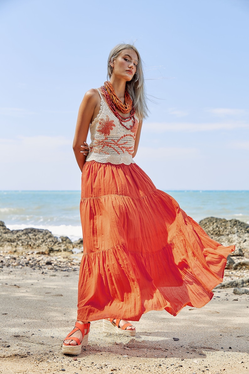 NO.5 Women's Hippie Gypsy Boho Tiered Peasant Long Maxi Skirt in Orange 