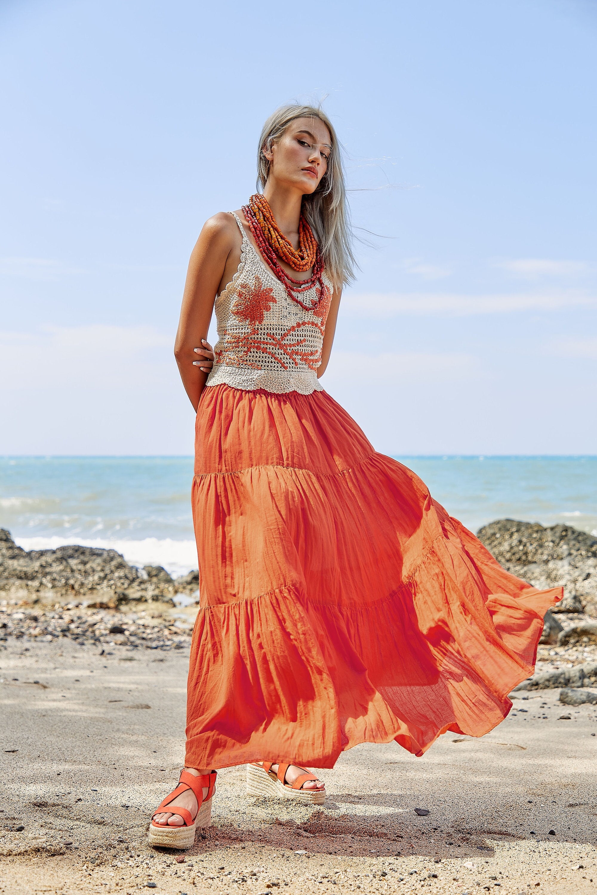 Orange High Waist Maxi Skirt For Womens Birthday Party Fashionable